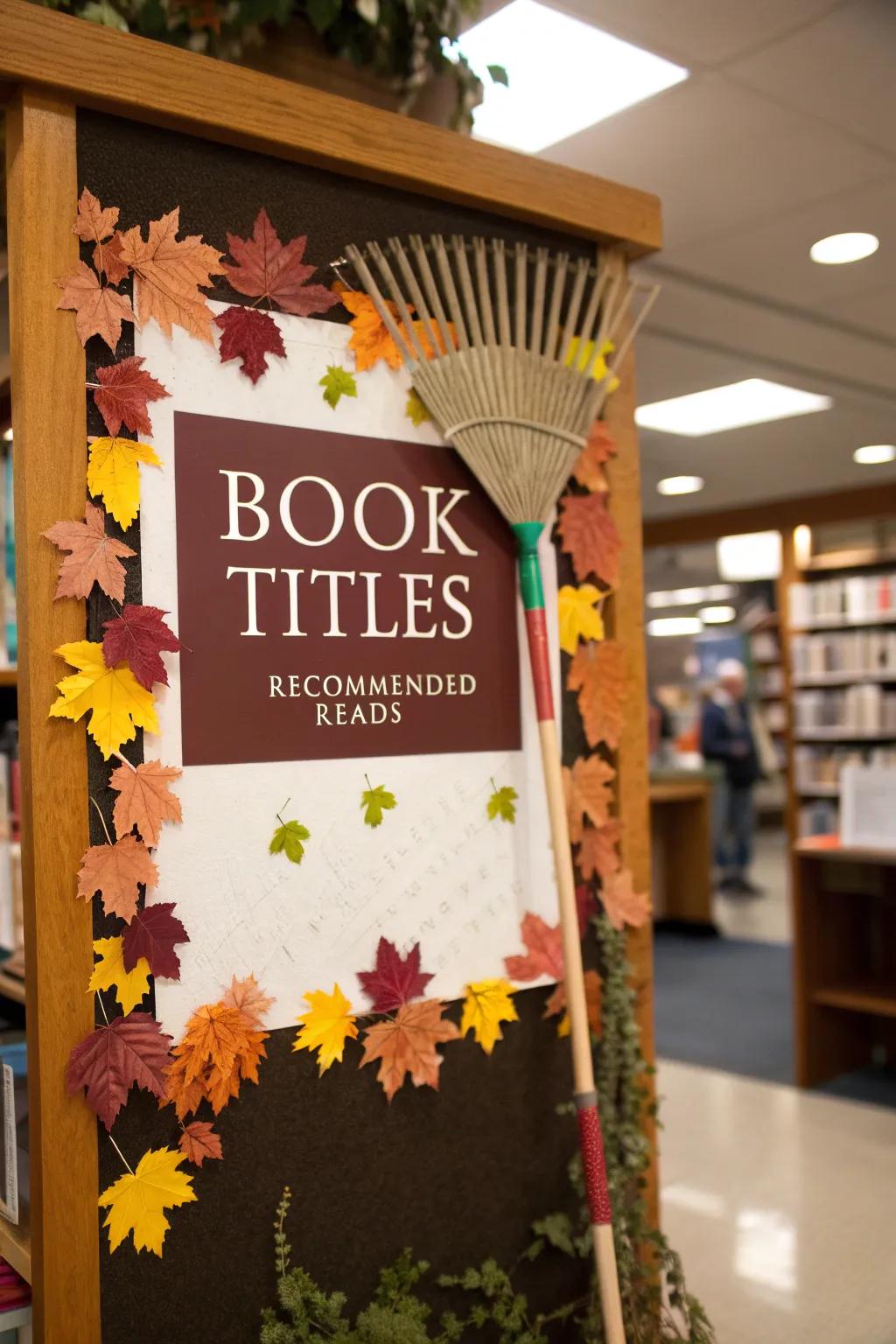 A playful bulletin board featuring a rake and leaves with book titles.