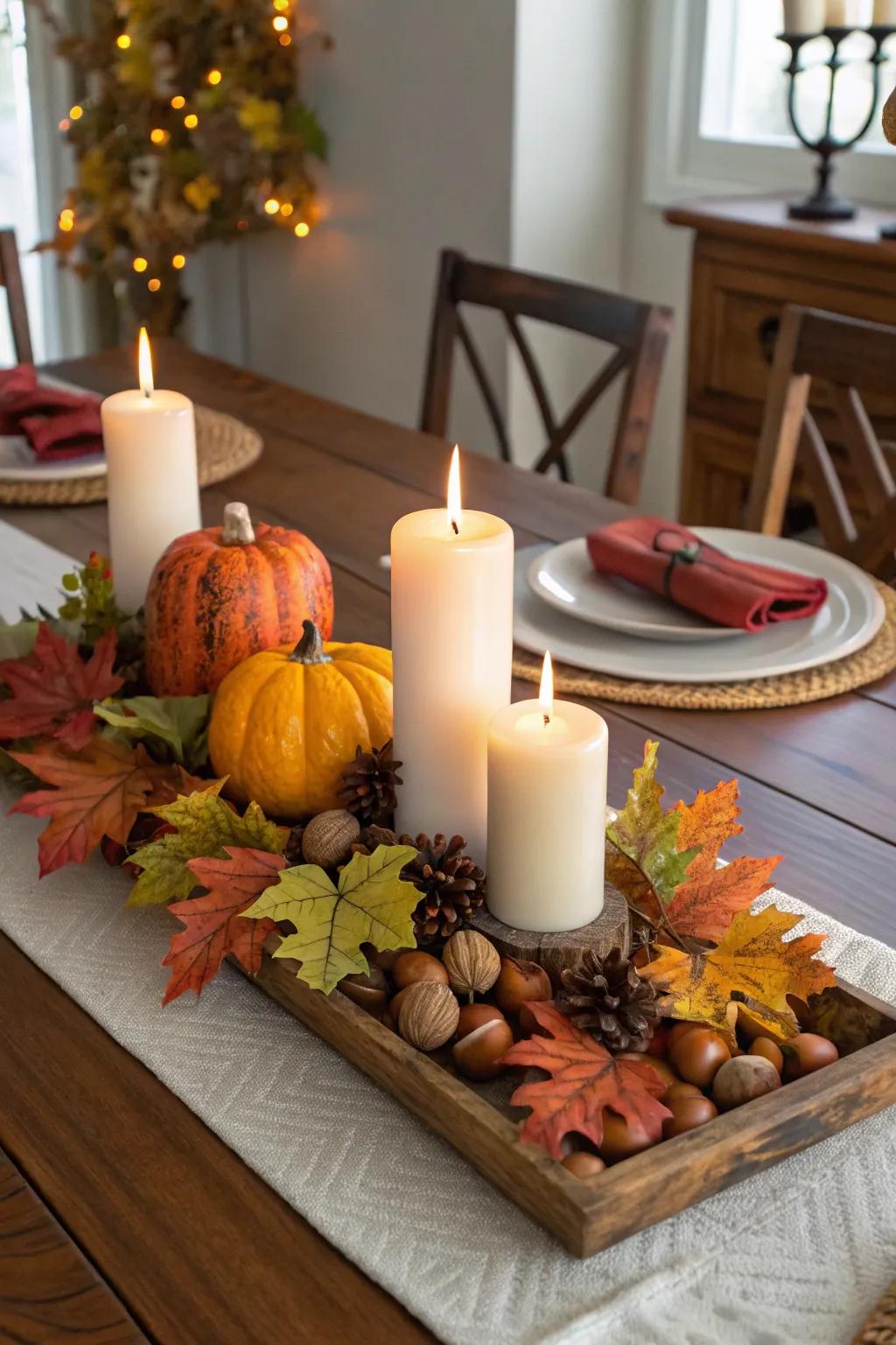 Candles add a warm, inviting glow to any fall centerpiece.