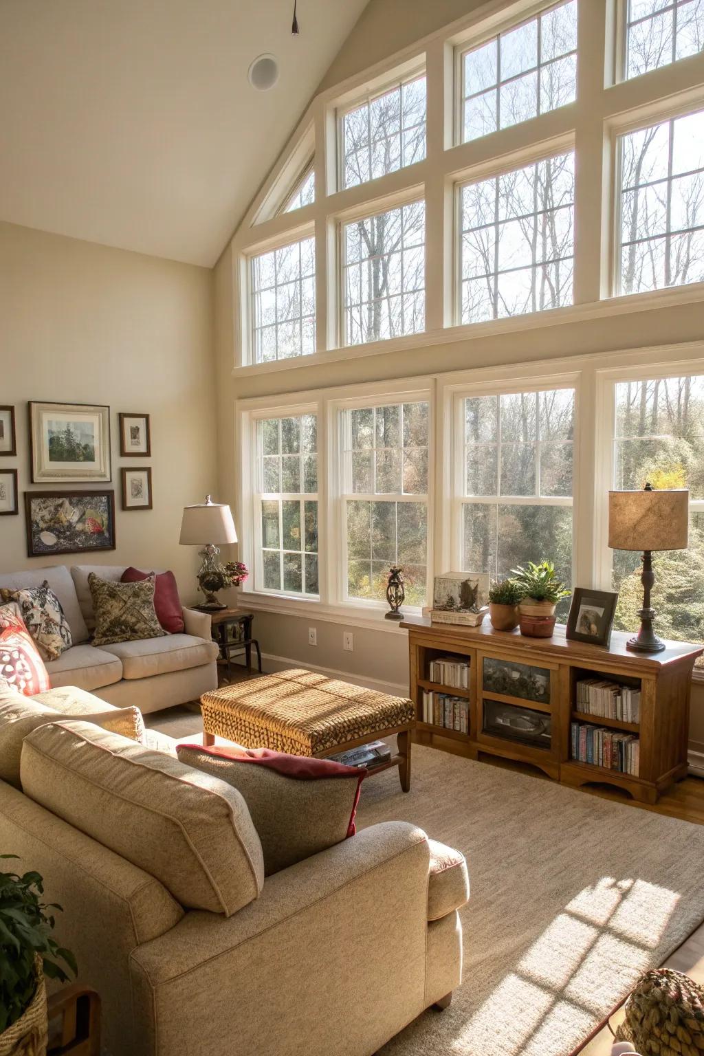 A family room basking in natural sunlight.