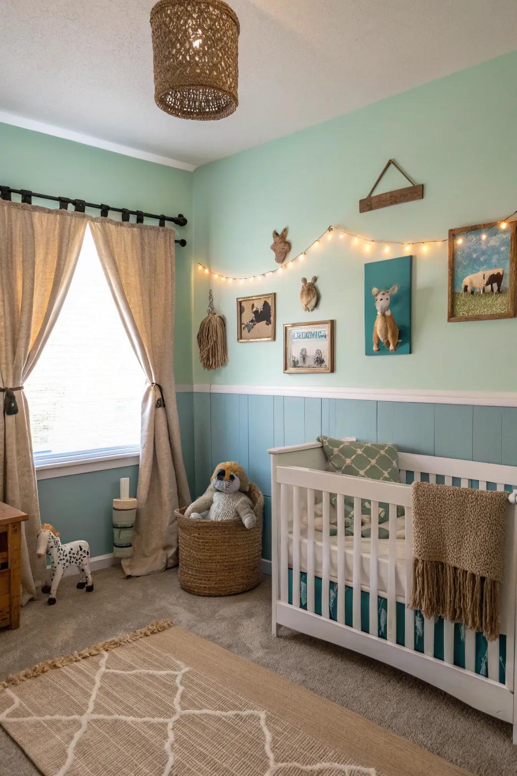 Soft pastels set a serene backdrop for a farm animal nursery.