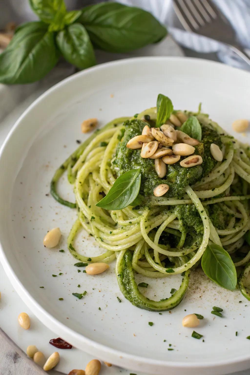 Zucchini noodles with pesto offer a fresh twist on a classic dish.