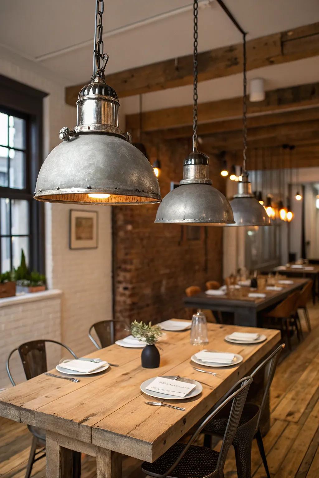 Industrial metal fixtures provide a striking contrast to farmhouse decor.