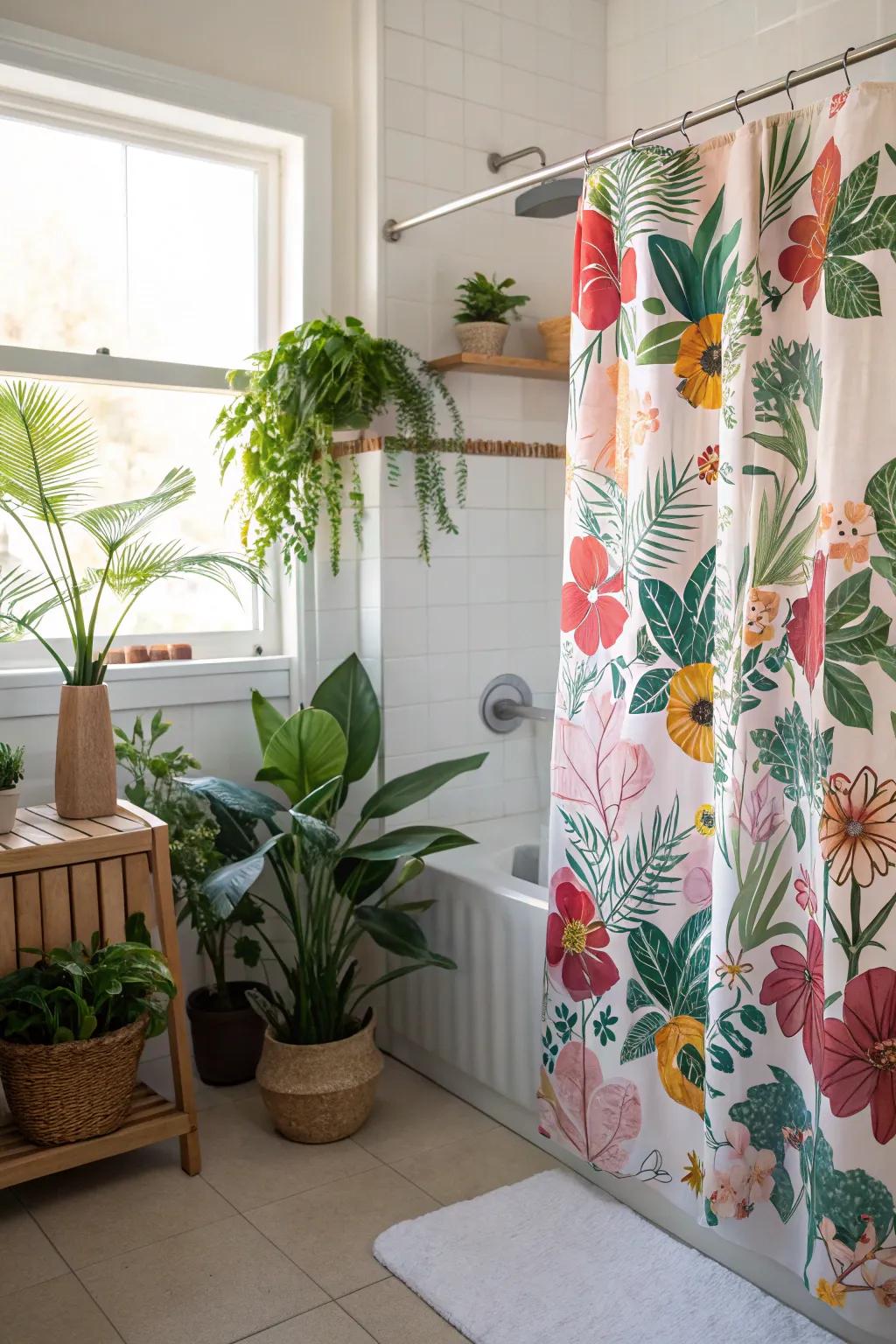 A bathroom adorned with a floral patterned shower curtain and lush green plants.