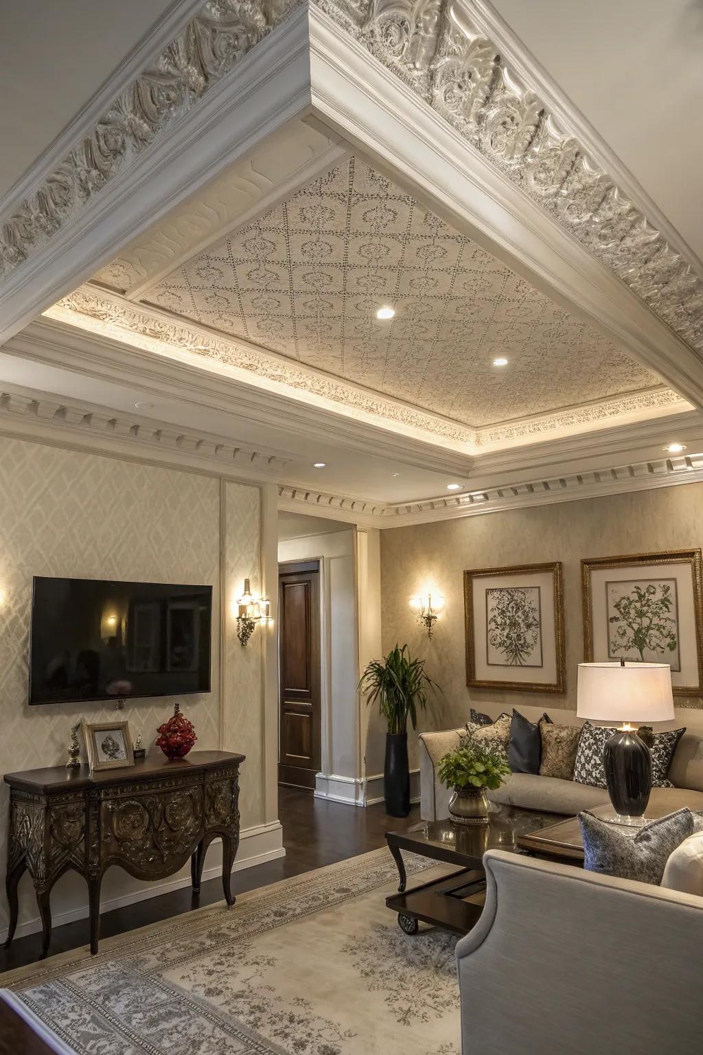 Layered faux crown molding adds depth and detail.