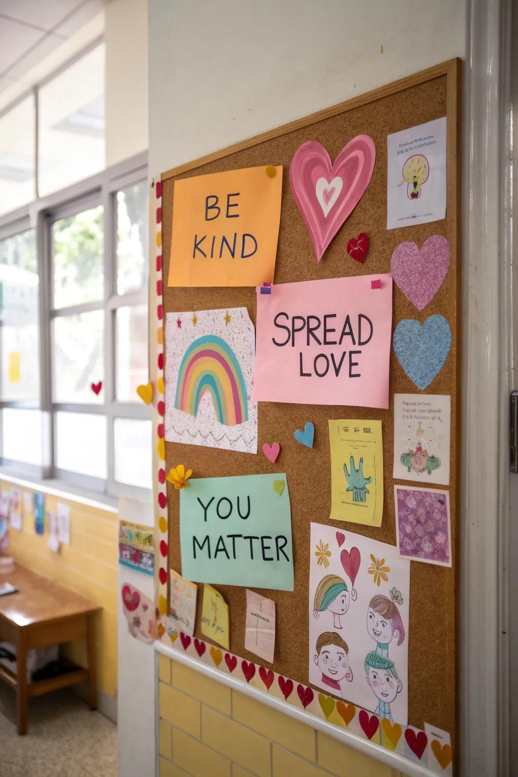 A bulletin board promoting kindness and positive messages.