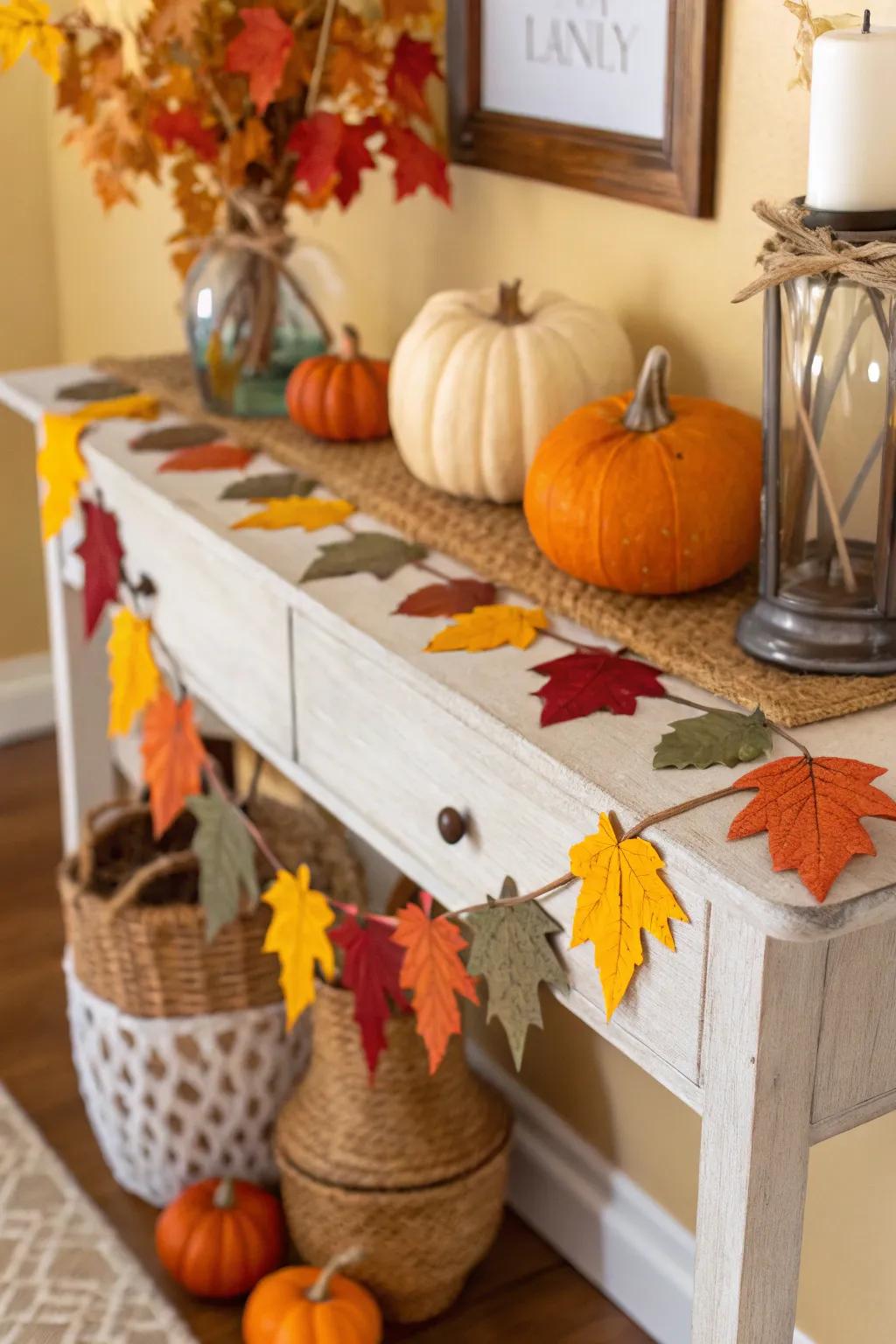 Felt leaf garlands create an inviting autumnal display in any hallway.