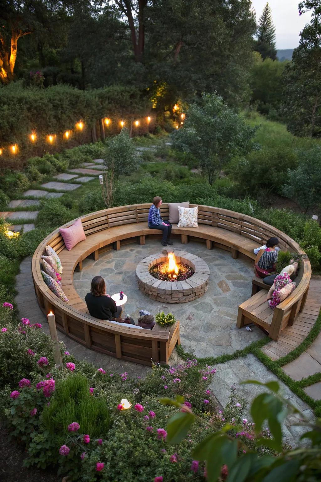 Circular seating encourages conversation around the fire pit.