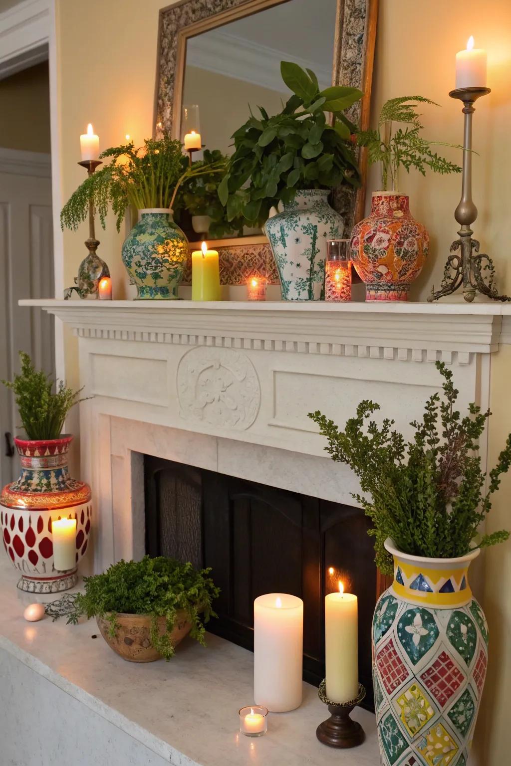 Vases, candles, and plants giving the mantel a stylish flair.