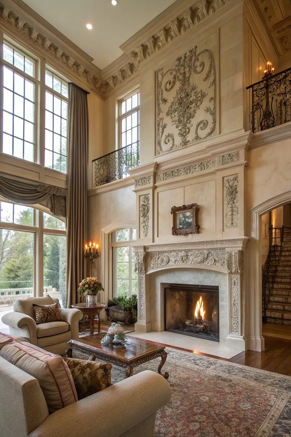 Intricate moldings elevate the sophistication of this fireplace.