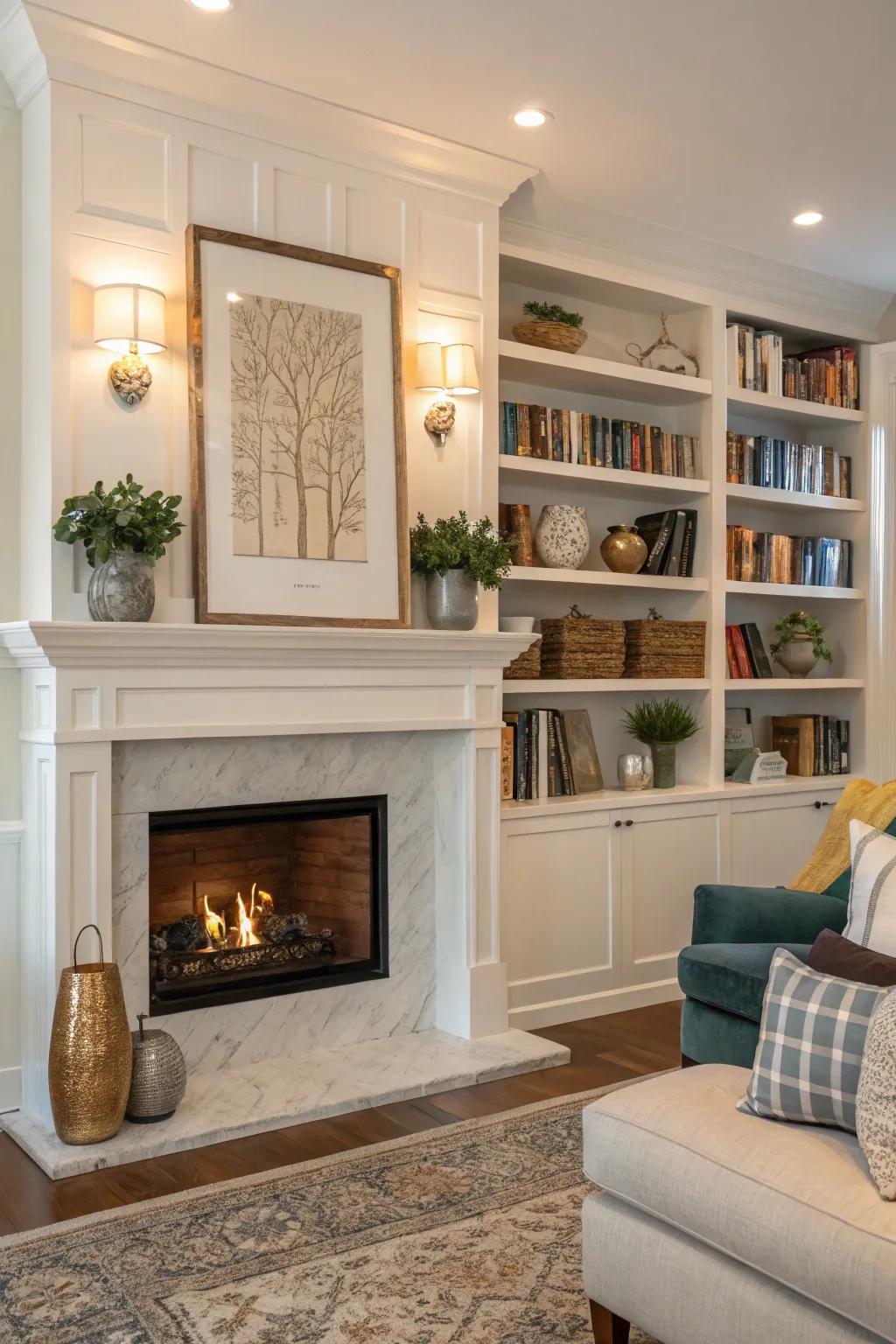 Combine style and storage with built-in shelving around your fireplace.