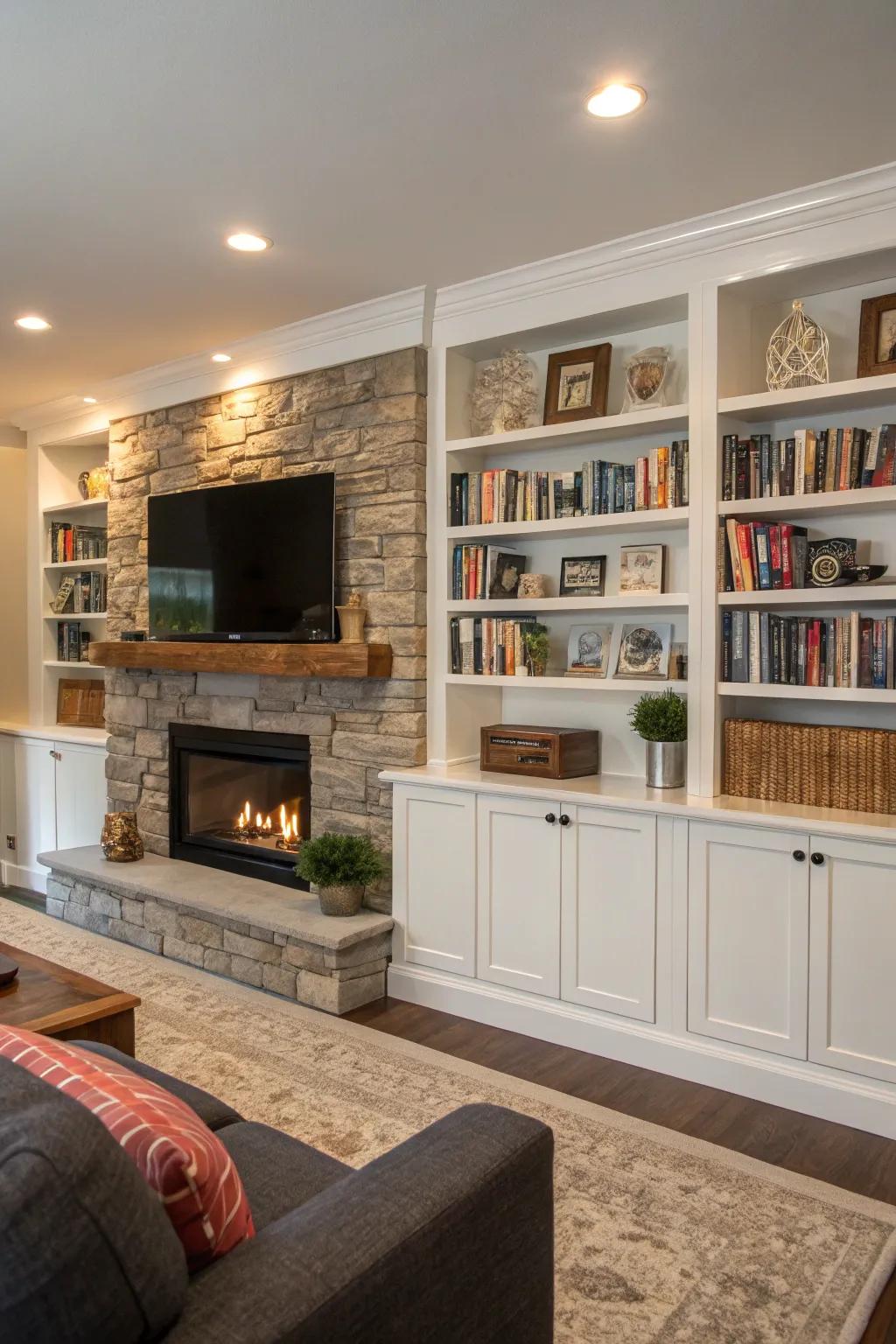 Living room with stylish built-in shelving around a fireplace wall and TV.