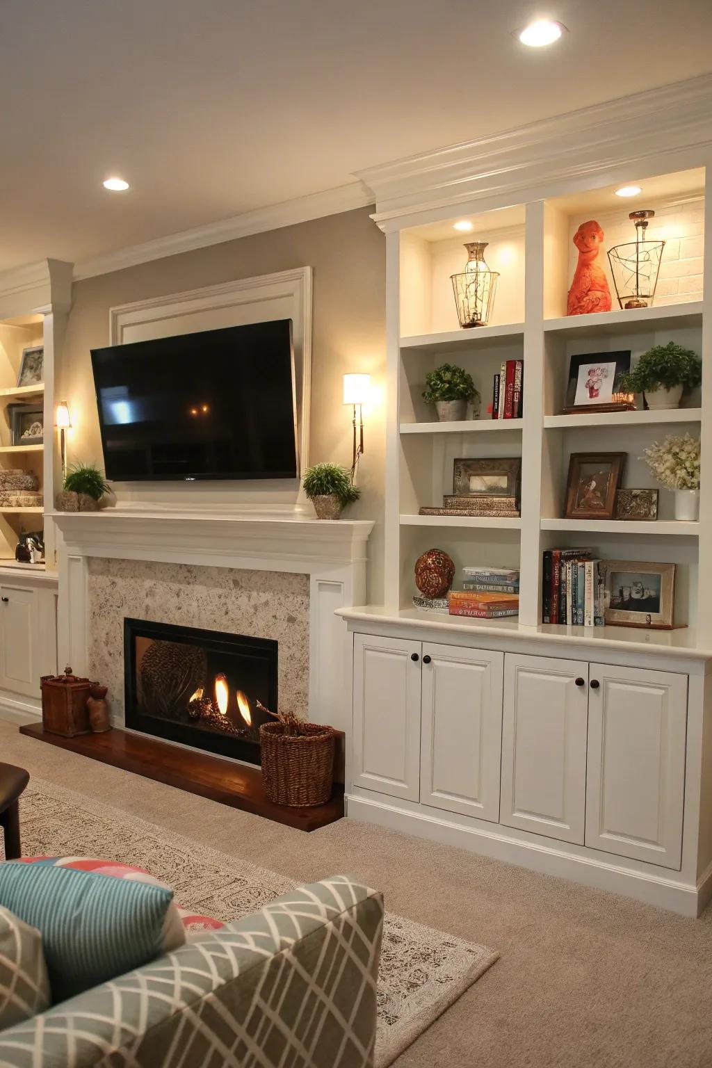 Integrated shelving around a fireplace with a TV above, showcasing personal decor.