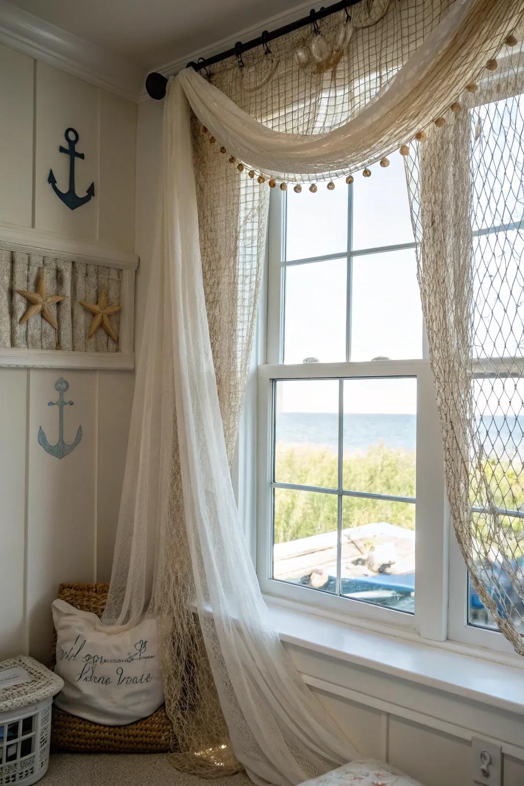 Fishing nets make for unique drapery with a nautical touch.