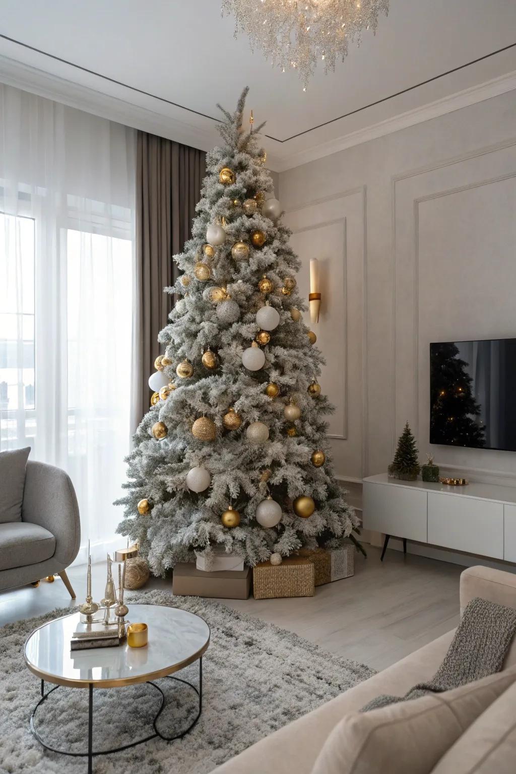 A glamorous metallic-accented flocked Christmas tree.