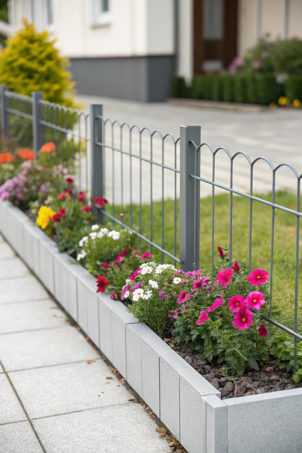 Sleek metal fencing provides a modern touch to flower beds.