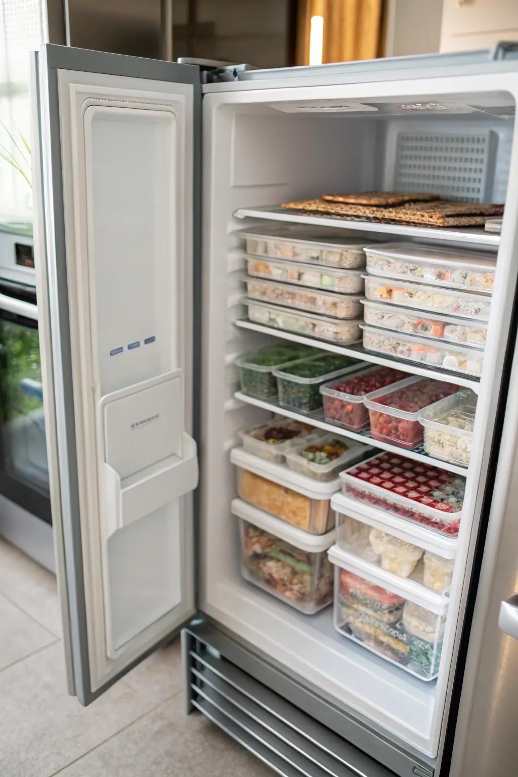 Vertical stacking maximizes freezer space efficiently.