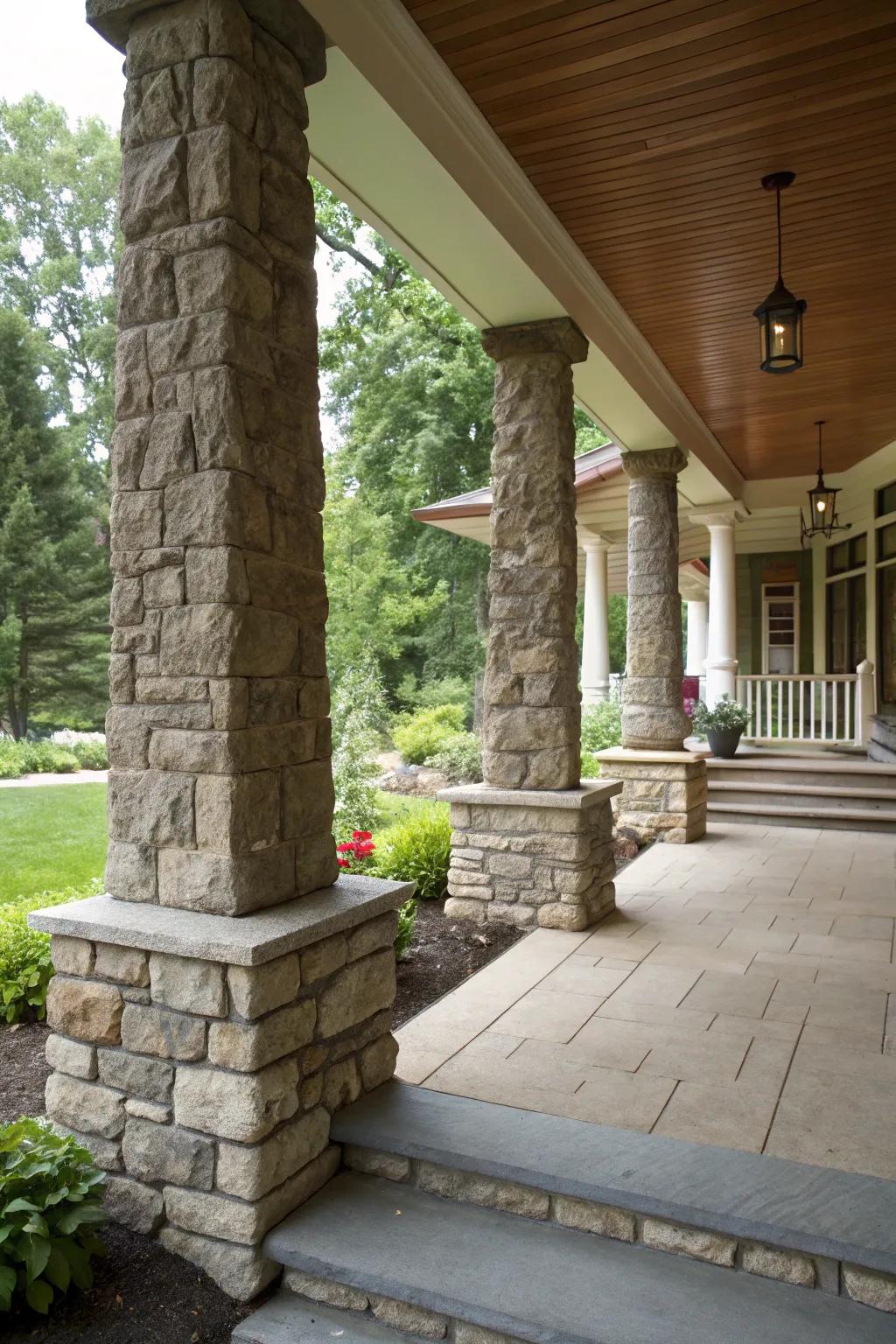 Stone bases on porch columns add texture and a touch of elegance.