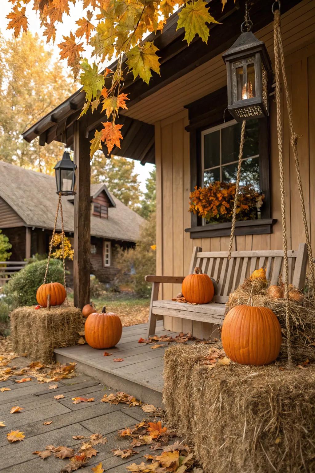 Hay bales add rustic charm and height to pumpkin displays.