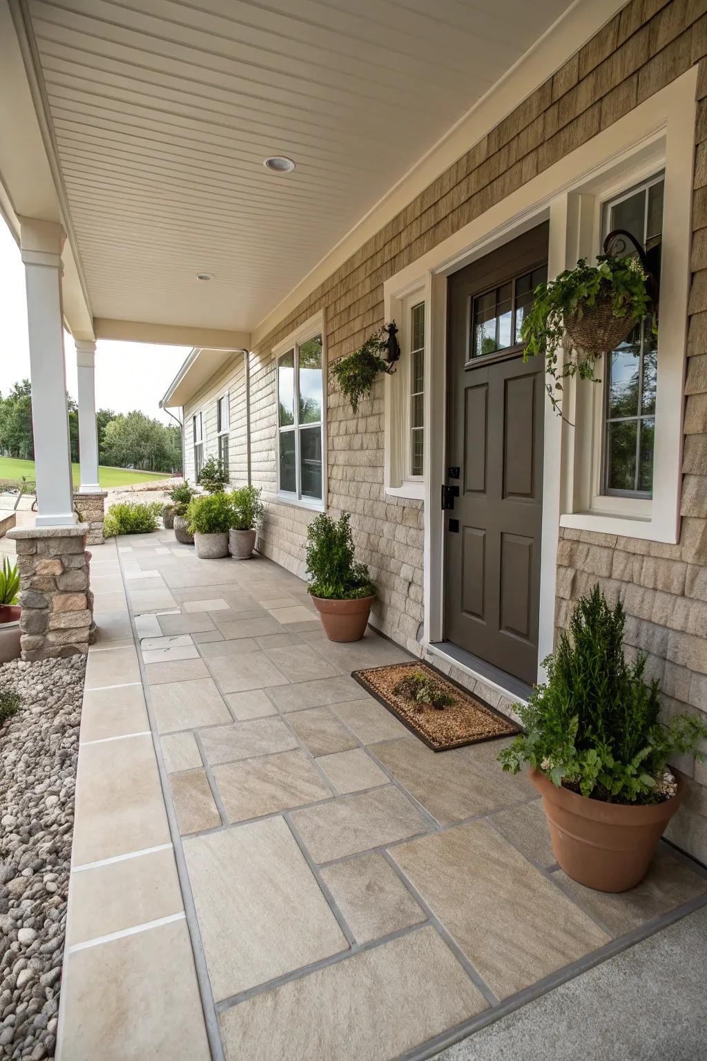 Neutral tones provide a calming and cohesive porch design.