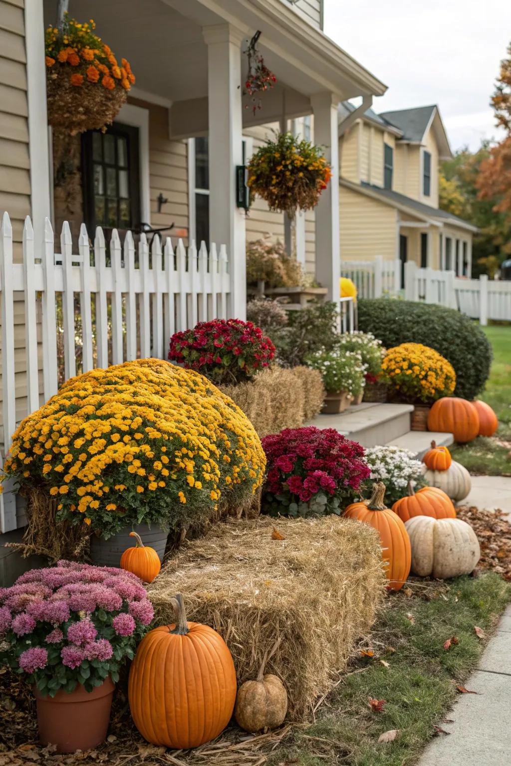Add charm to your flower beds with pumpkins and hay bales.