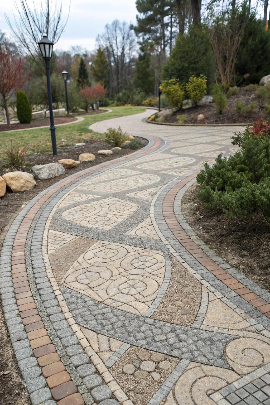 Interlocking pavers create eye-catching patterns for a unique walkway.