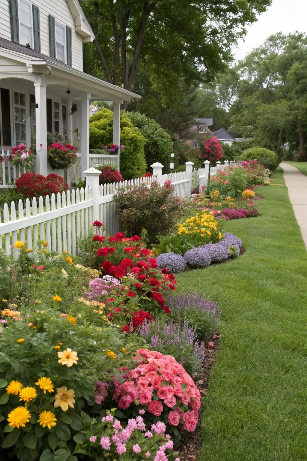 Colorful plantings bringing life to a ranch-style front yard