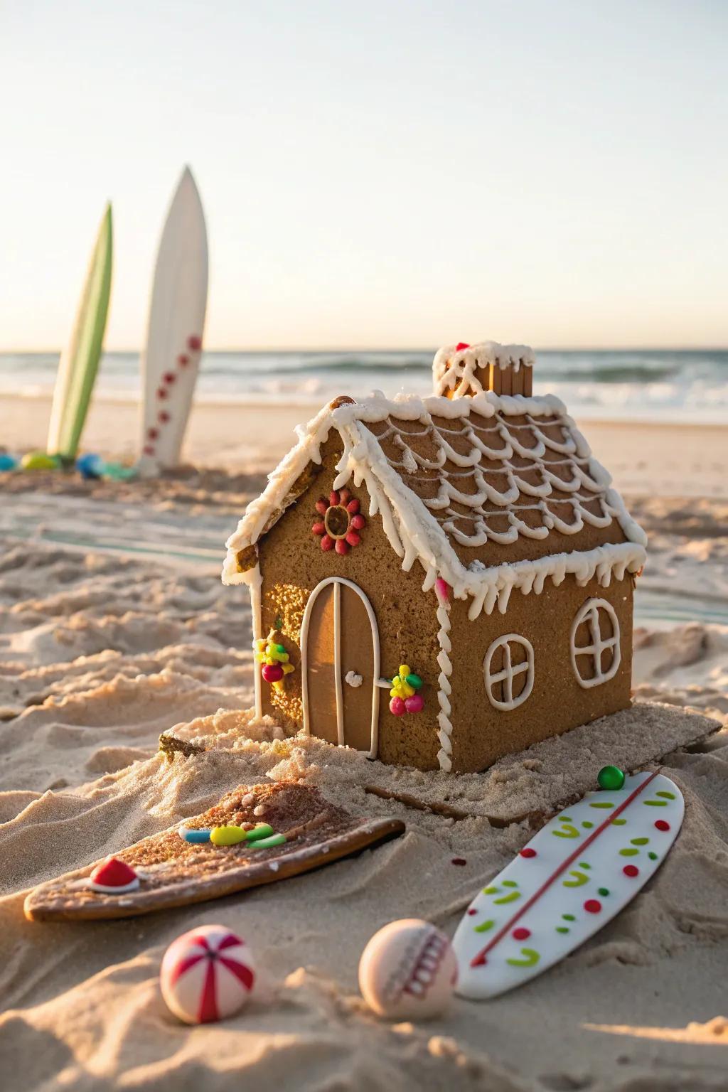 A beach-themed gingerbread house