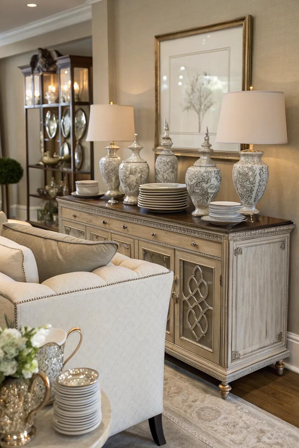 An elegant sideboard behind the couch, doubling as a storage and display area.