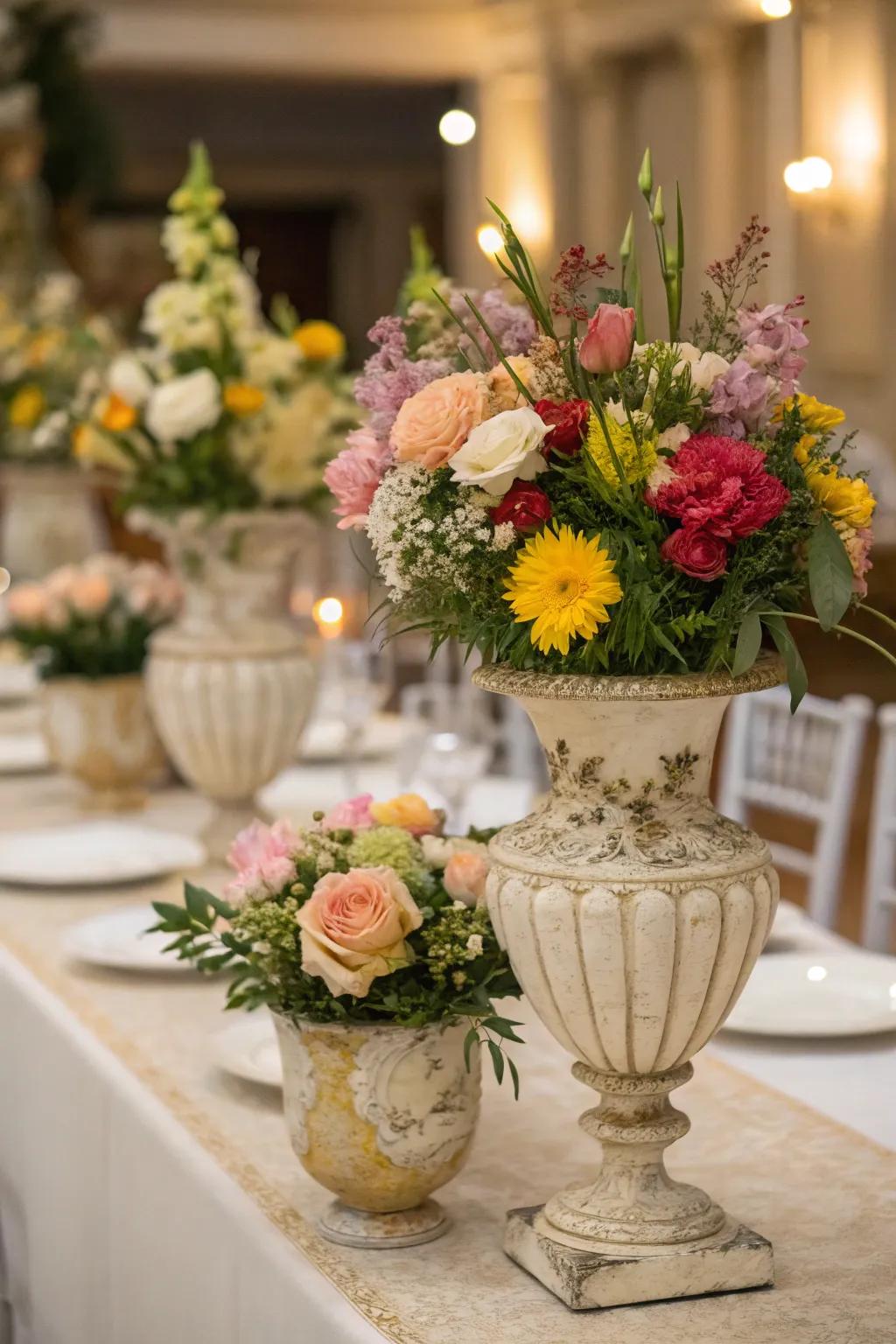 Vintage vases filled with flowers offer a unique twist.