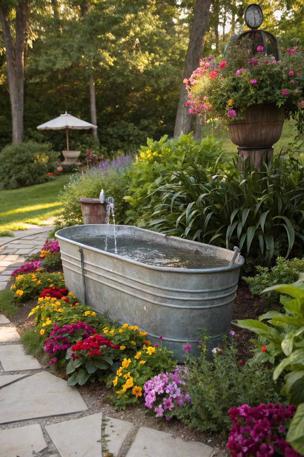 A galvanized trough fountain serves as a stunning garden centerpiece.