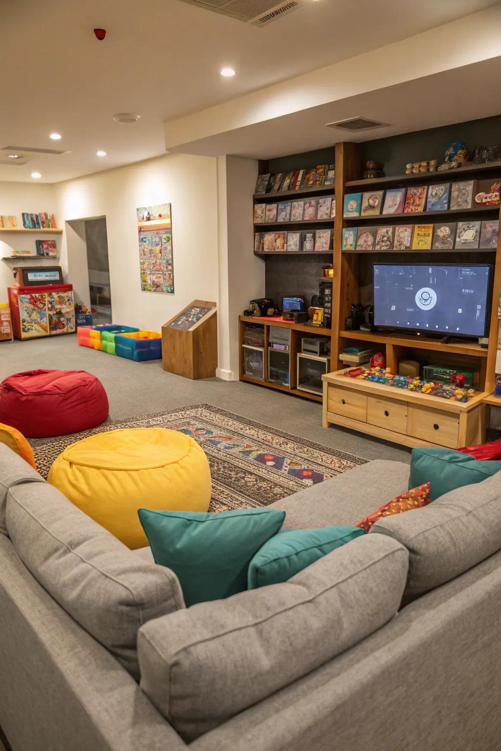 A cozy game room with a variety of seating choices.