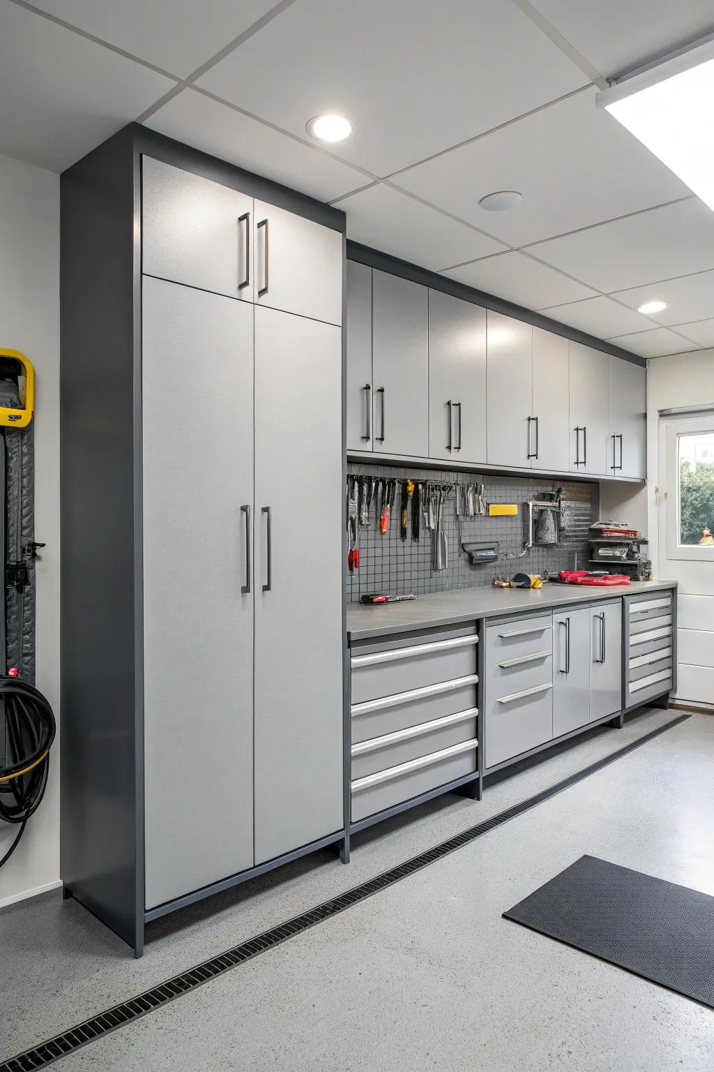 A modern garage with soft gray cabinets for a calming atmosphere.