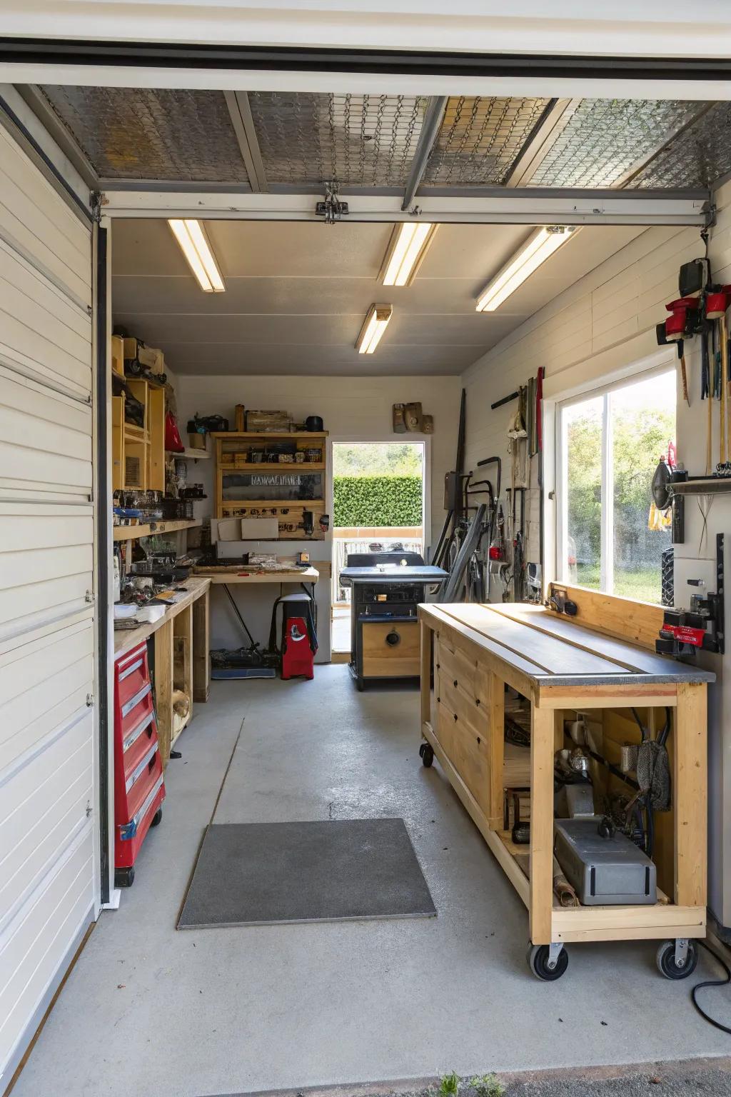 A compact workshop within a bump-out, perfect for DIY enthusiasts.