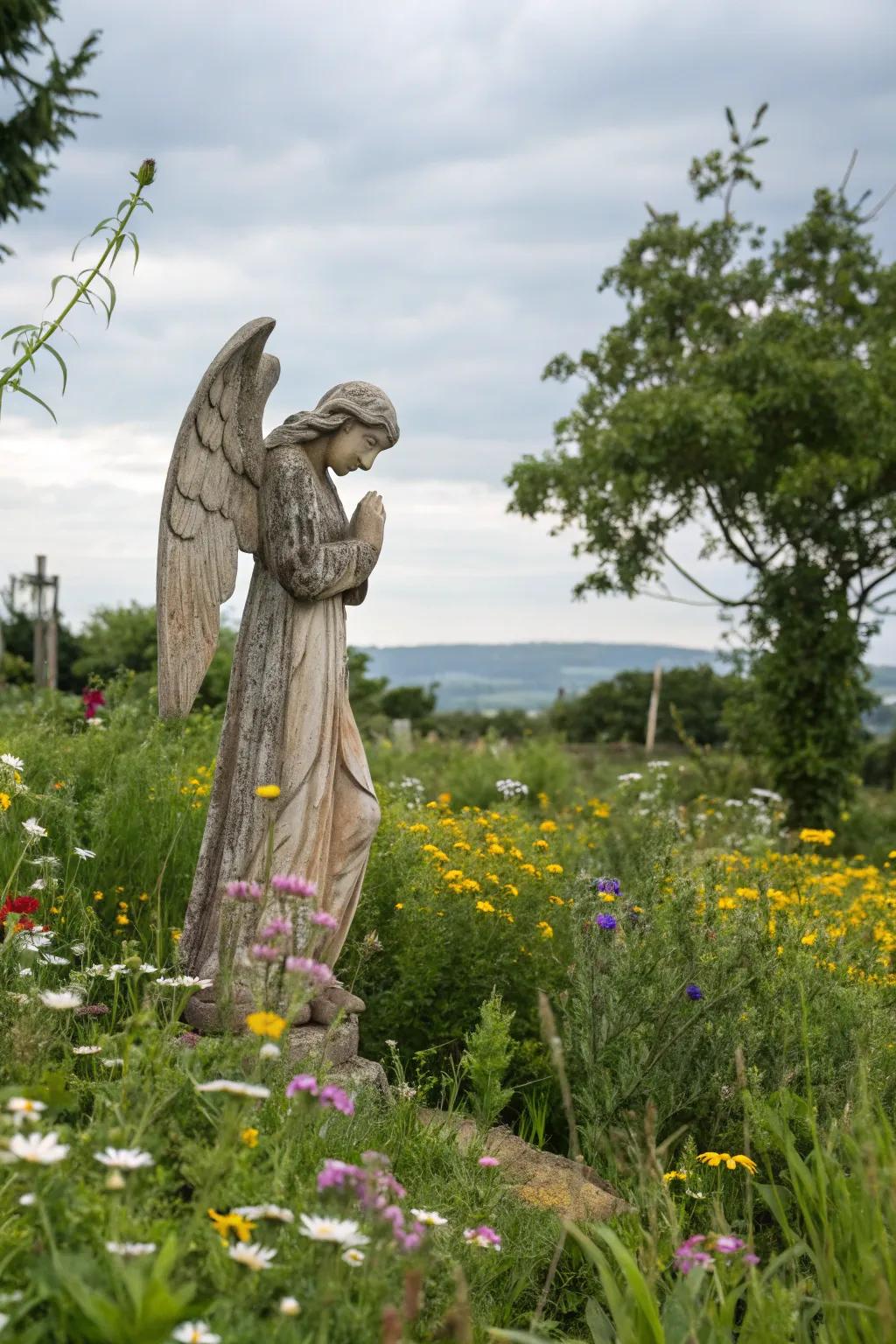 Rustic wooden angel nestled among wildflowers.