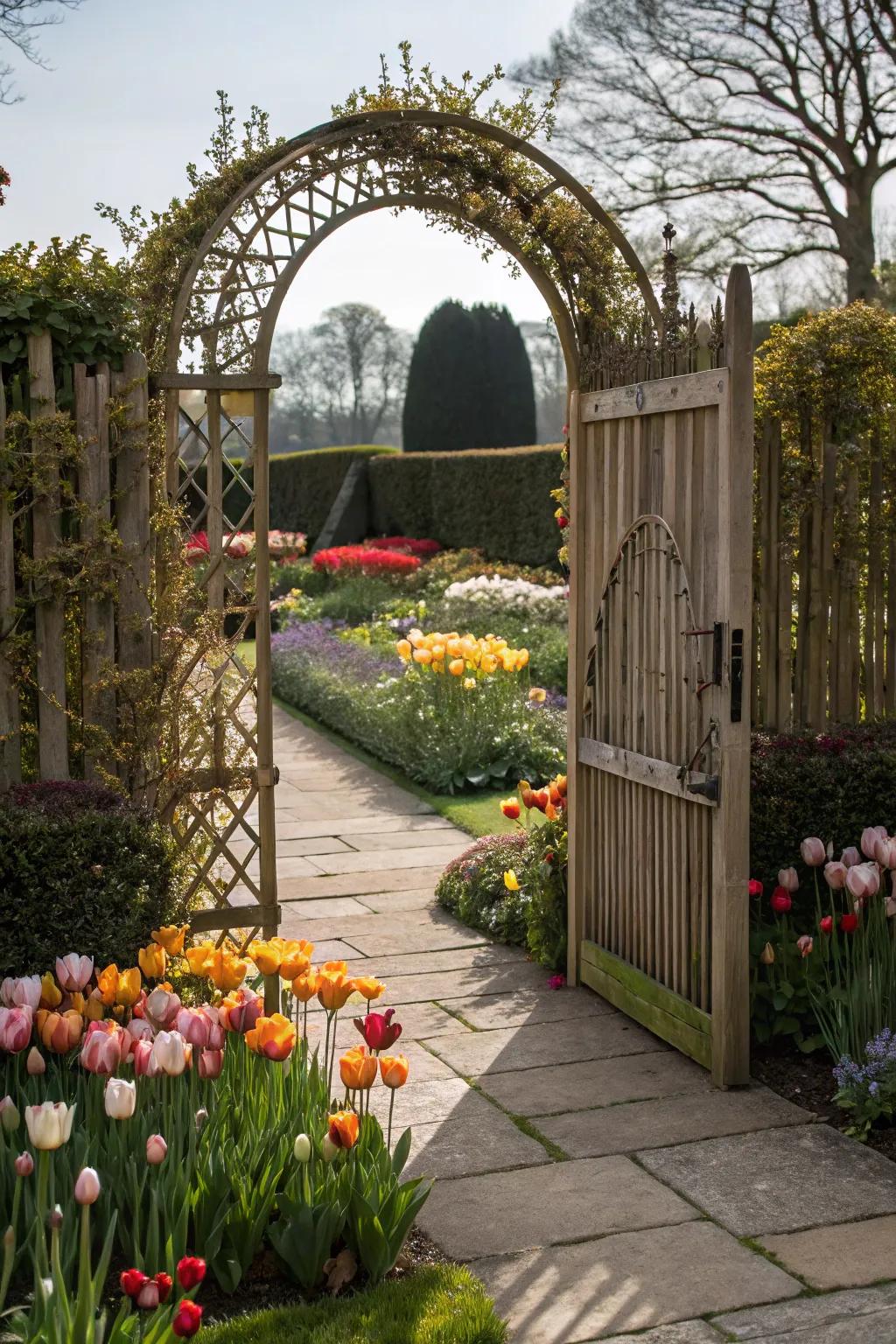 Archway garden gate creates a picturesque entrance to your outdoor space.