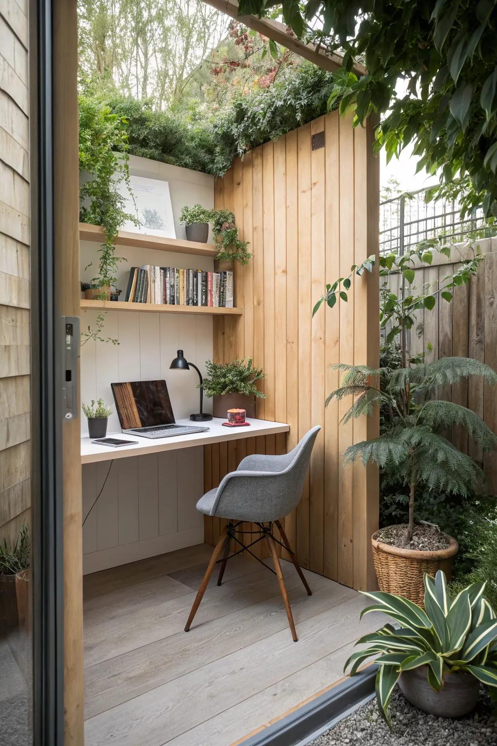 A compact corner garden office, making smart use of limited space.