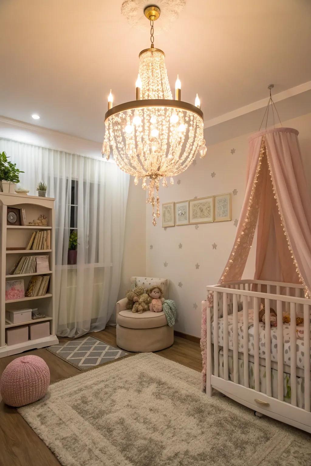 A chandelier brings elegance and warmth to the nursery.