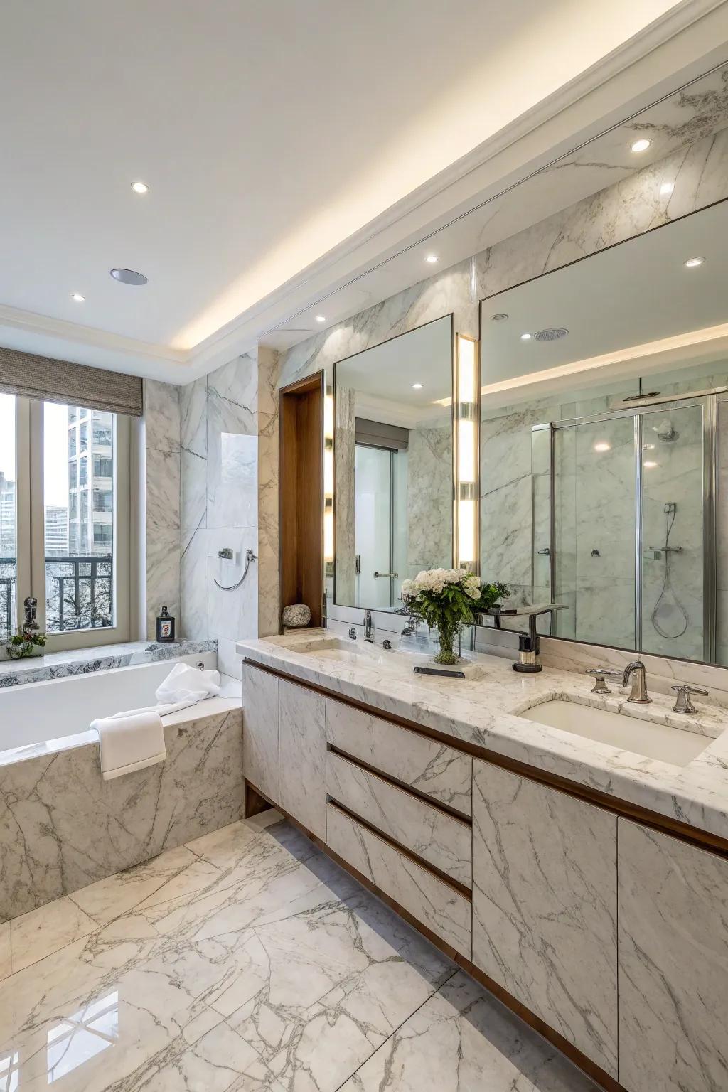 A sophisticated bathroom with marble countertops and walls.