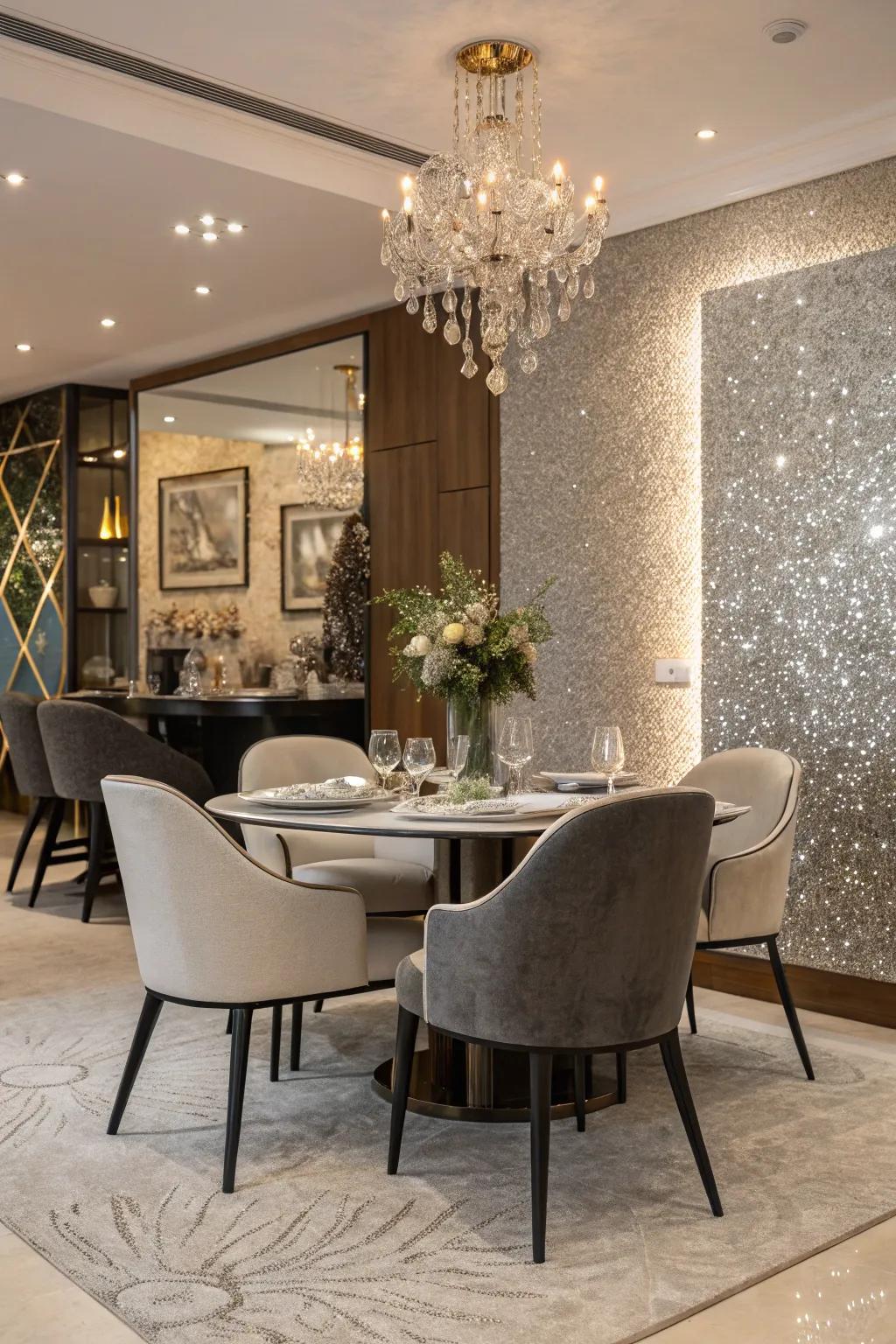 A glitter accent wall brings drama to a dining area.
