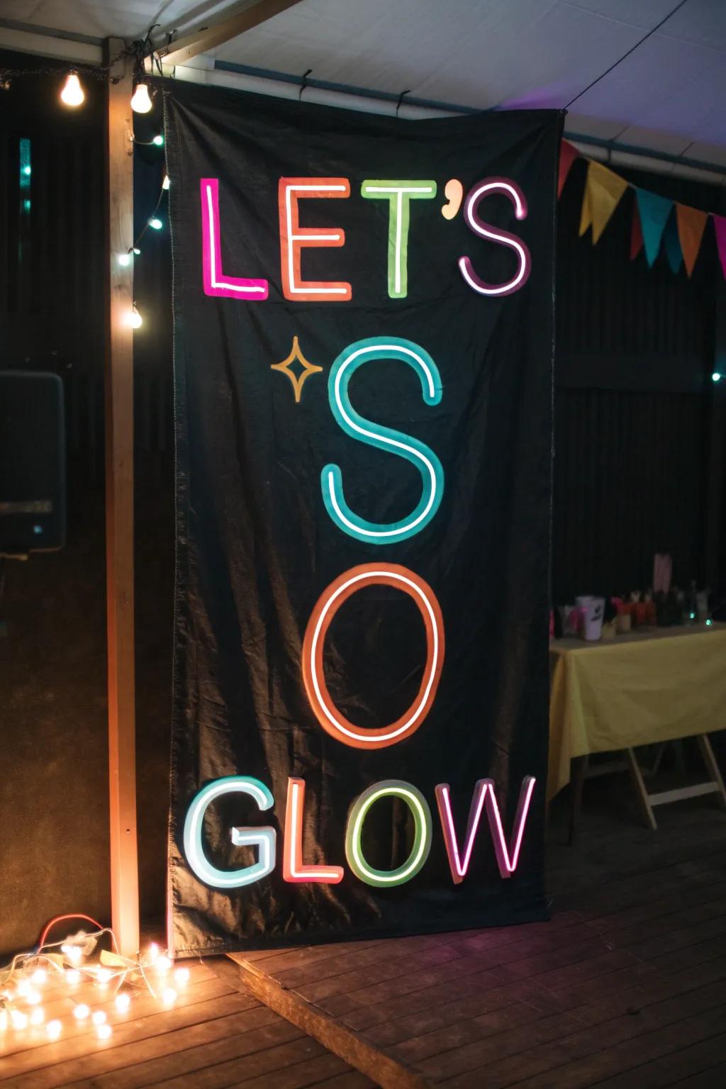 A neon banner sets the tone for your glowing celebration.