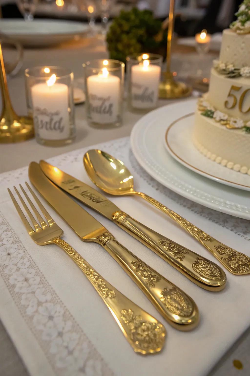 Personalized gold cutlery adds a thoughtful touch to the celebration.