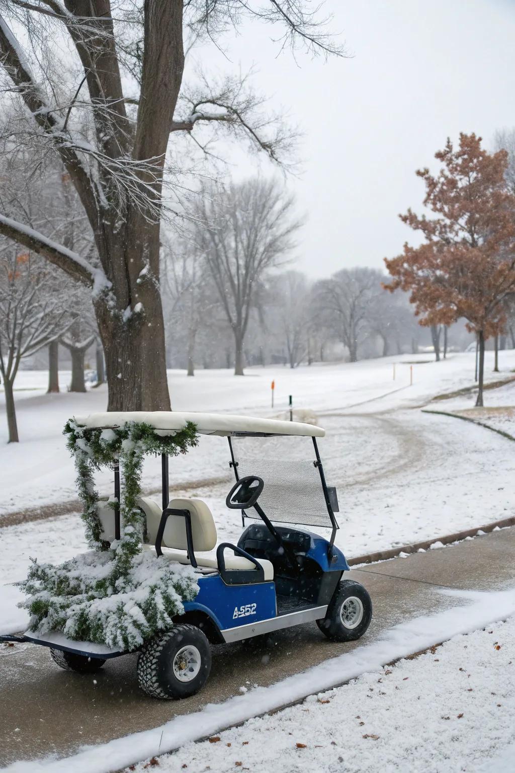 A golf cart turned into a winter wonderland on wheels.