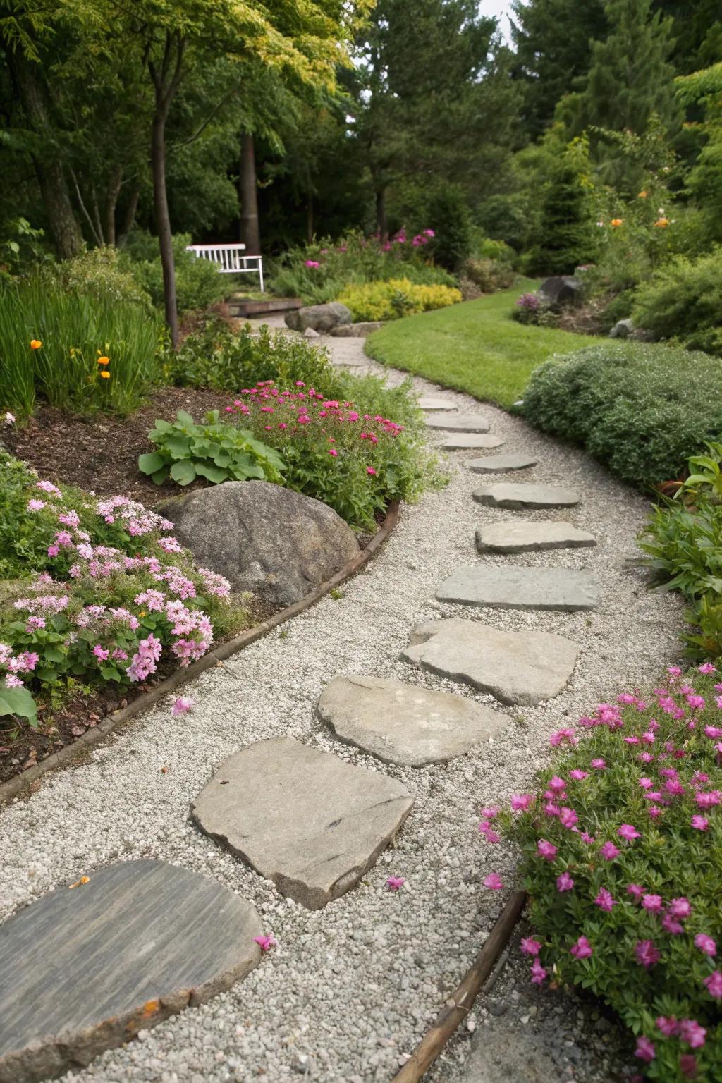 Stepping stones leading through a gravel flower bed