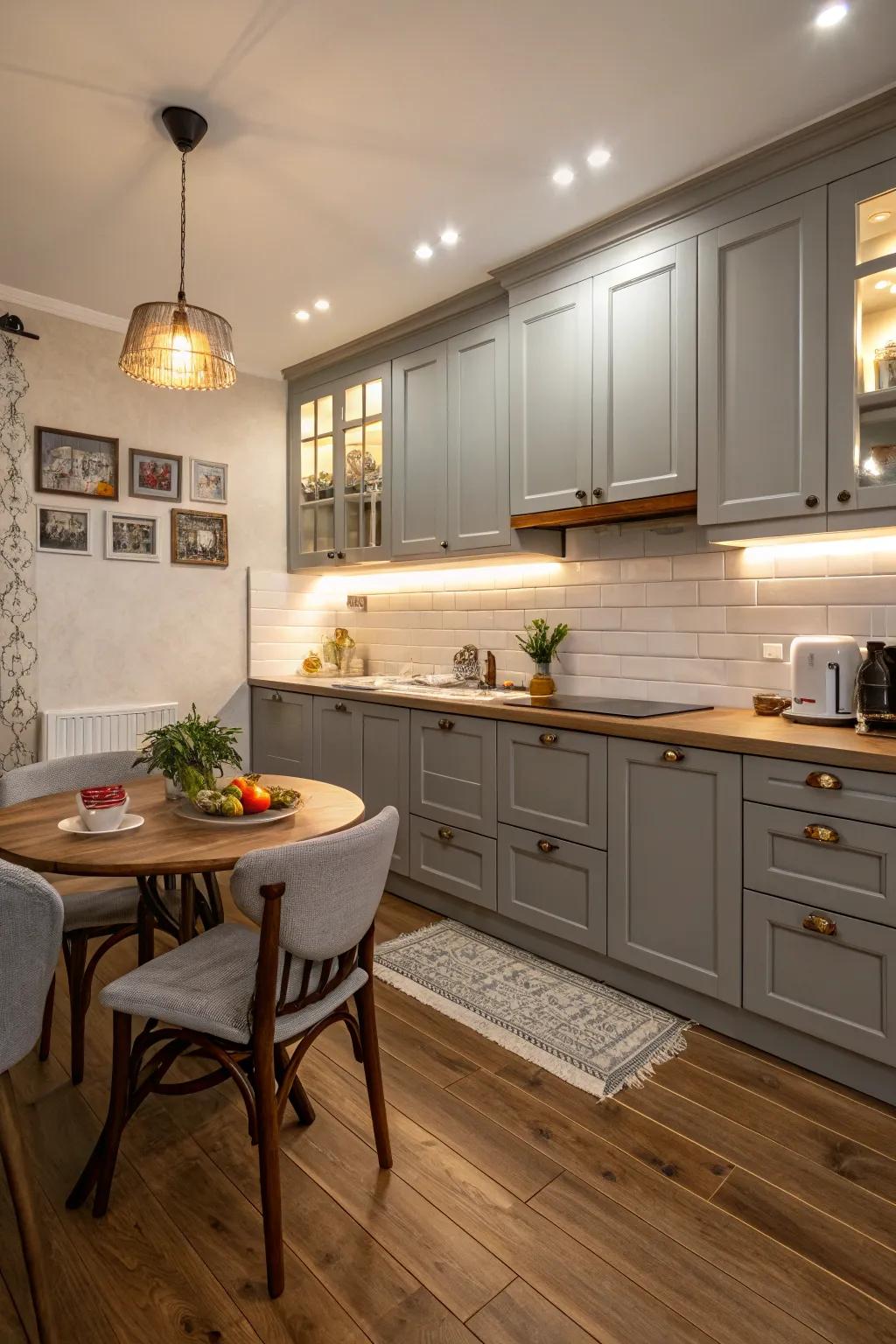 Warm wood flooring complements gray cabinets, adding coziness to the kitchen.