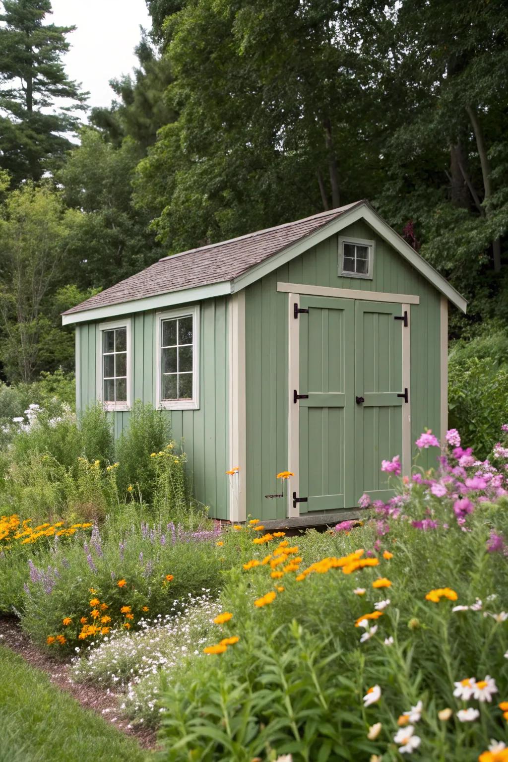 A sage green shed exudes understated elegance and charm.