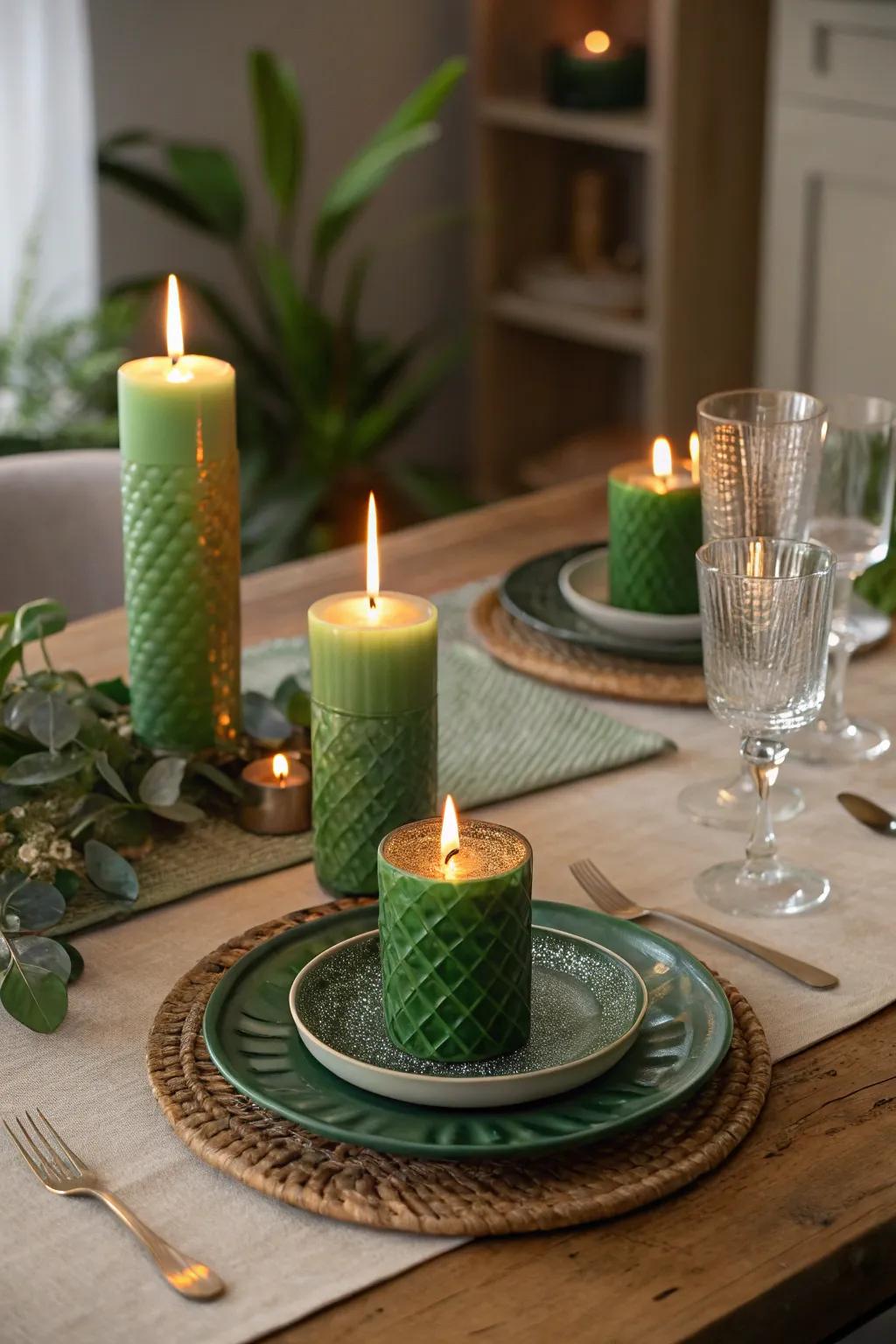 Green candles creating an elegant and warm ambiance.
