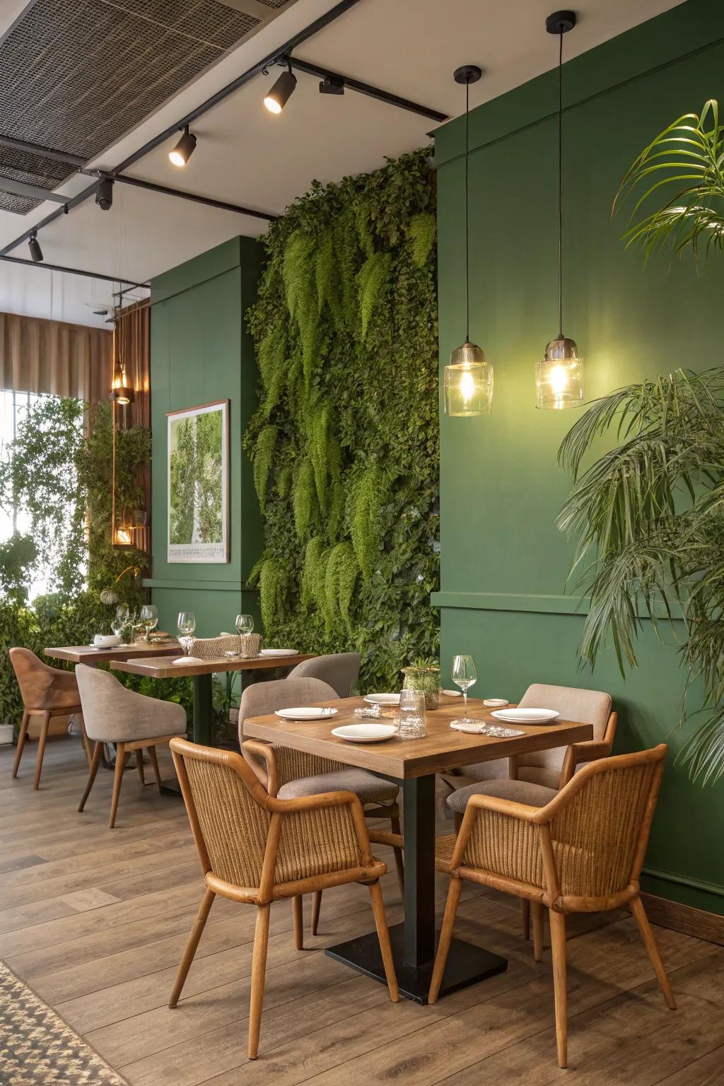 A dining space that embraces nature through biophilic design elements.