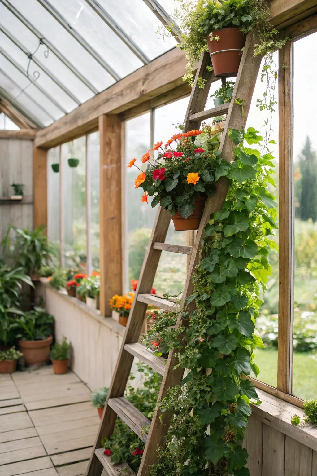 Chic ladder shelving showcasing trailing plants.