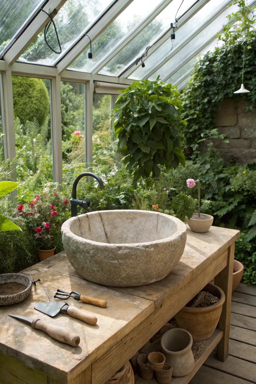 A stone sink that exudes elegance and blends with the natural environment.