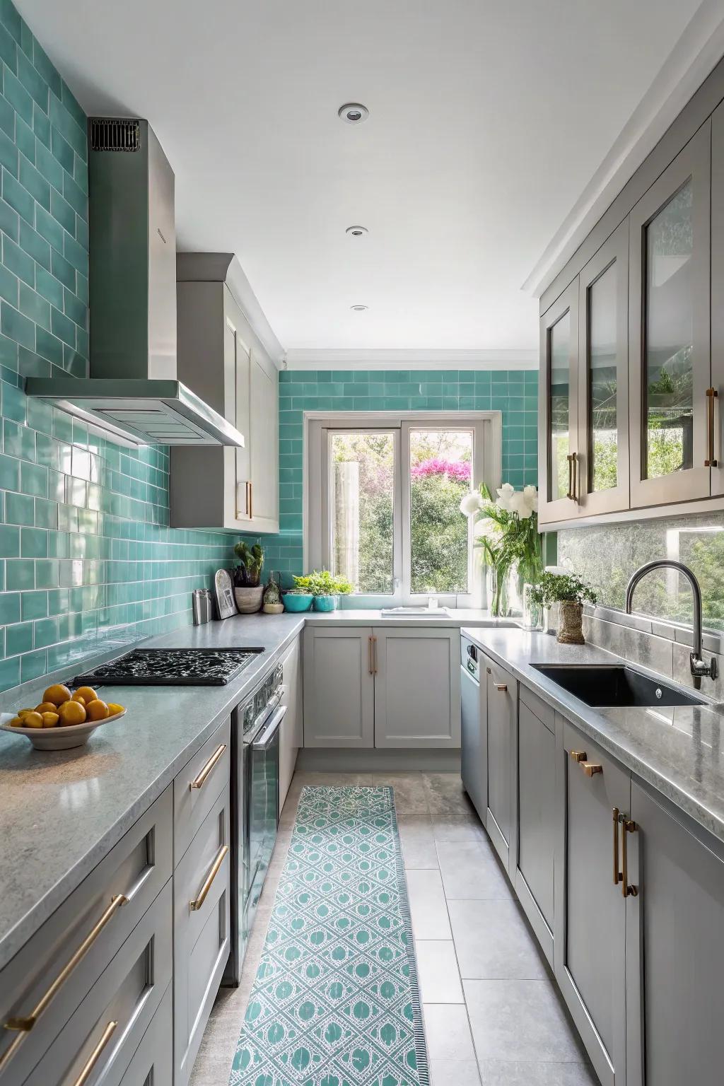 A turquoise backsplash adds both color and depth to a grey kitchen.